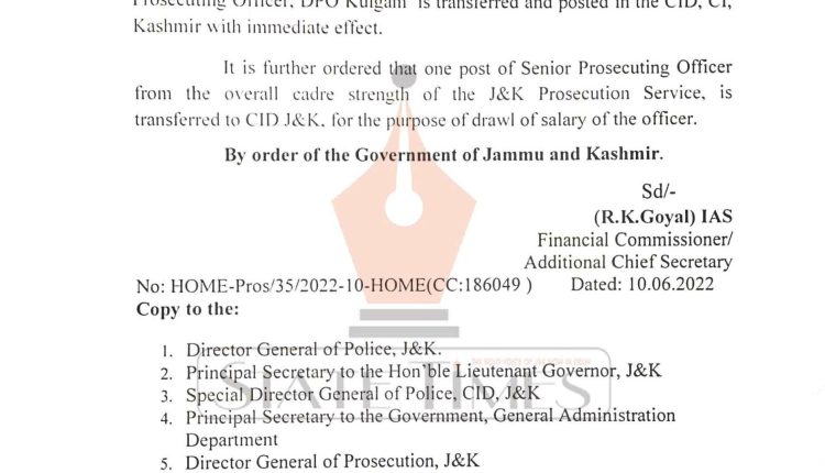 Transfer and Posting of Senior Prosecuting Office