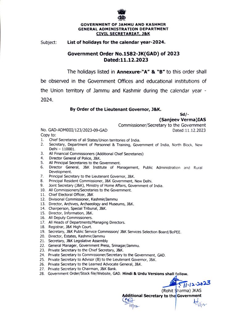 J&K Govt notifies list of holidays for 2024 calendar year Koshur Samachar