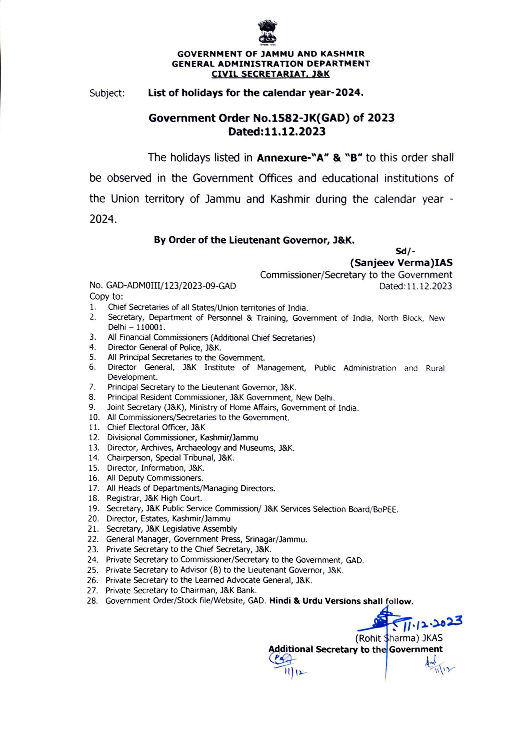 J&K Govt notifies list of holidays for 2024 calendar year Koshur Samachar