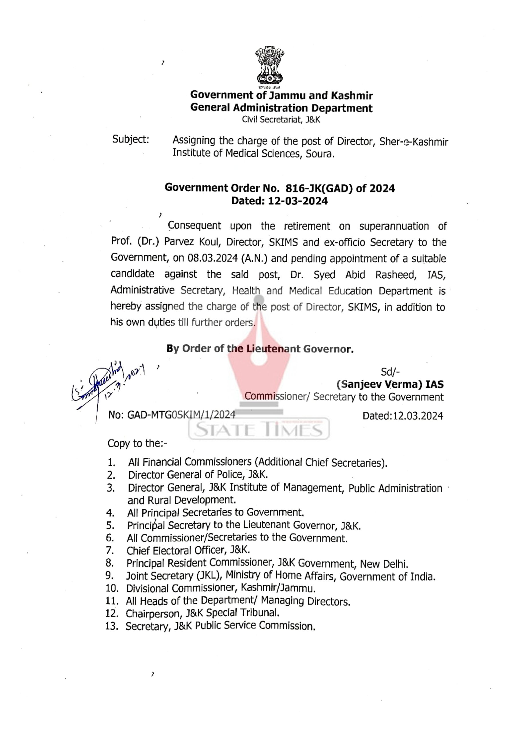 Dr Abid Rashid gets additional charge of Director SKIMS Soura – Statetimes